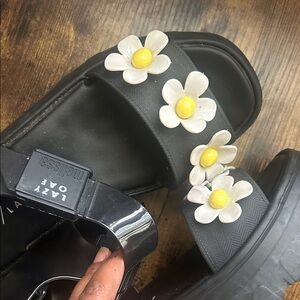 Lazy Oaf Black Sandals with White and Yellow Flowers